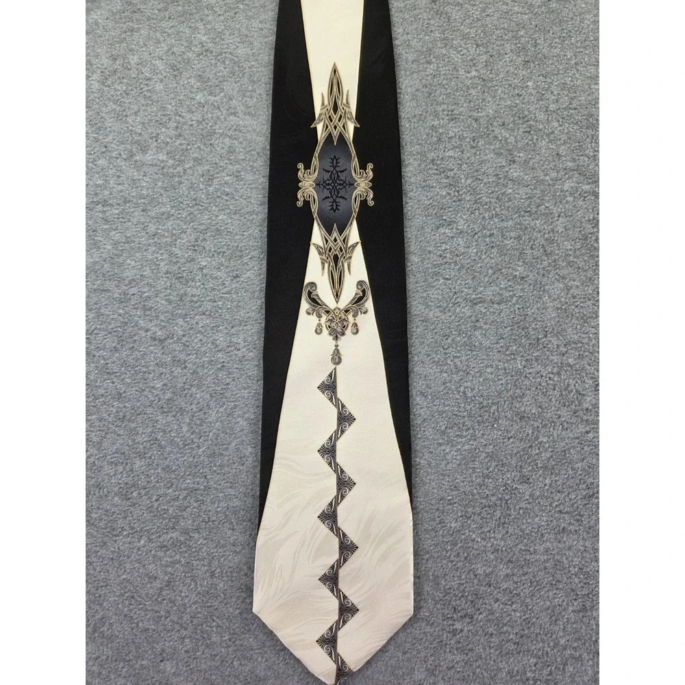 Vintage Ottimo Uomo Silk TieBaroque Filigree Black Cream 90s Statement Geo Art